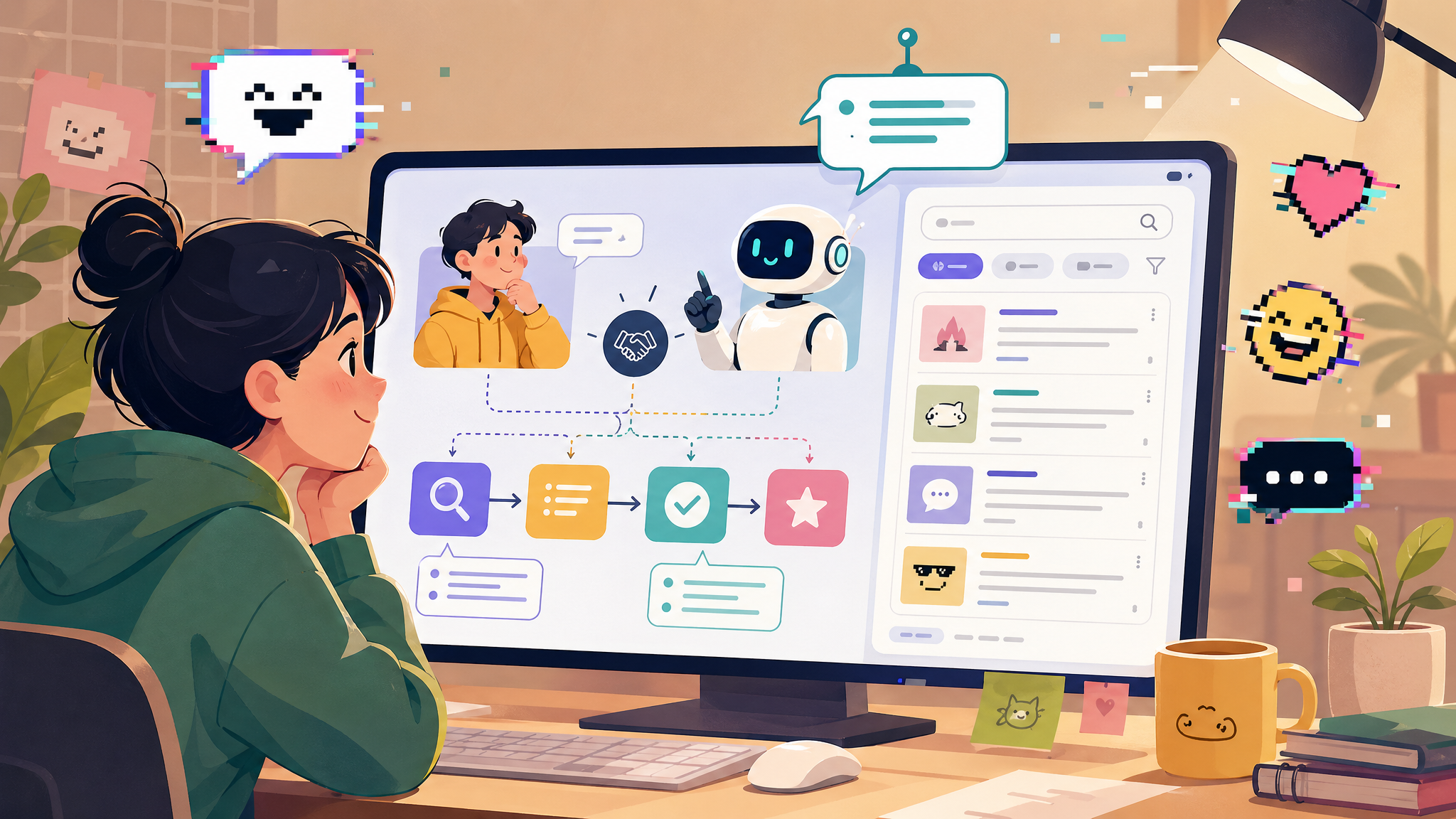 사람과 AI 화면, 검색 결과 패널이 함께 보이는 디지털 문화 일러스트