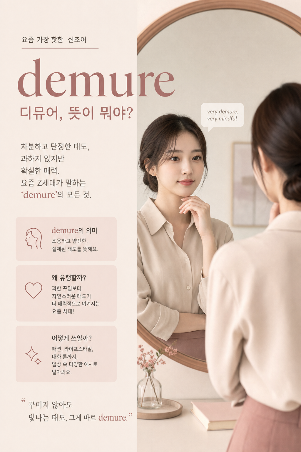 차분한 옷차림으로 거울 앞에 선 인물을 담은 드뮤 어 대표 이미지