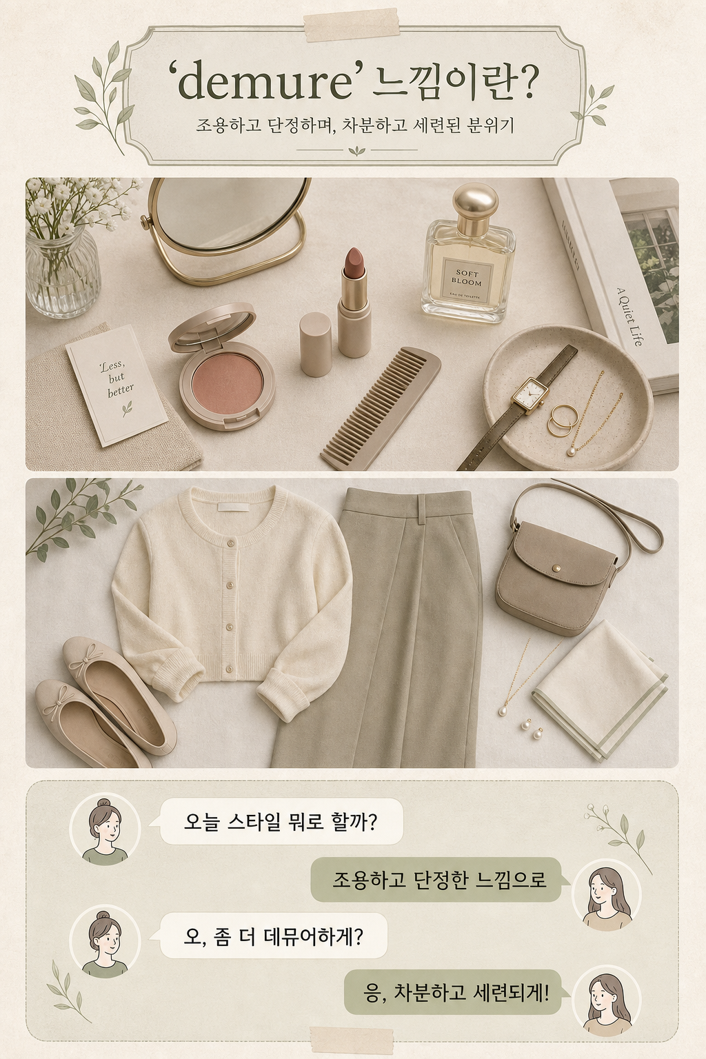 차분한 소품과 대화 예시를 섞은 드뮤어 설명용 이미지