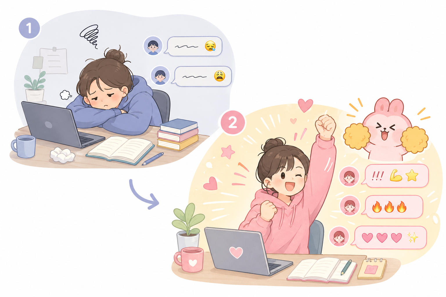 작은 일 앞에서도 괜히 비장하게 응원하게 되는 밈의 사용 감각을 담은 이미지