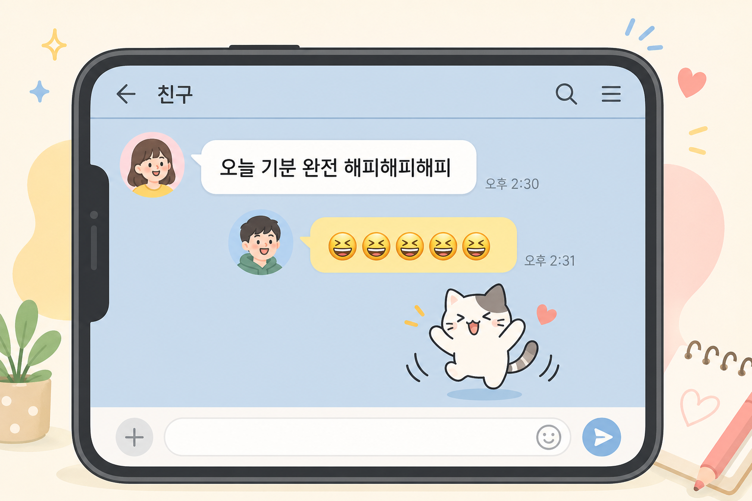 메신저에서 해피해피해피라는 표현이 자연스럽게 쓰이는 상황을 보여주는 보조 이미지