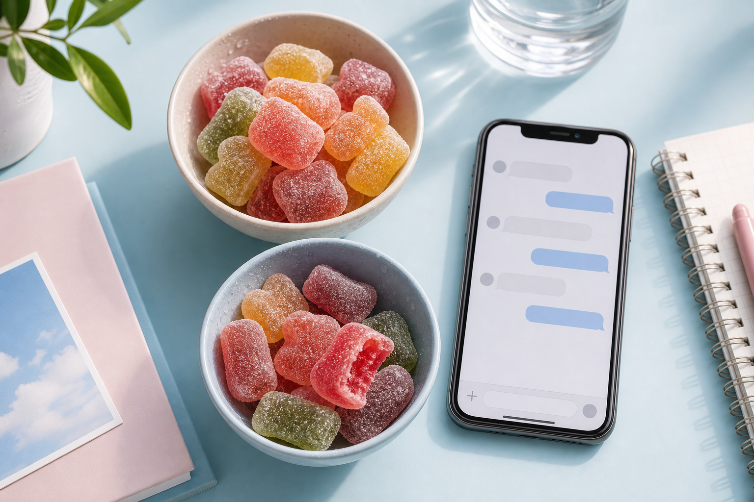얼린 젤리 그릇과 메시지 분위기를 함께 보여주는 문맥 이미지