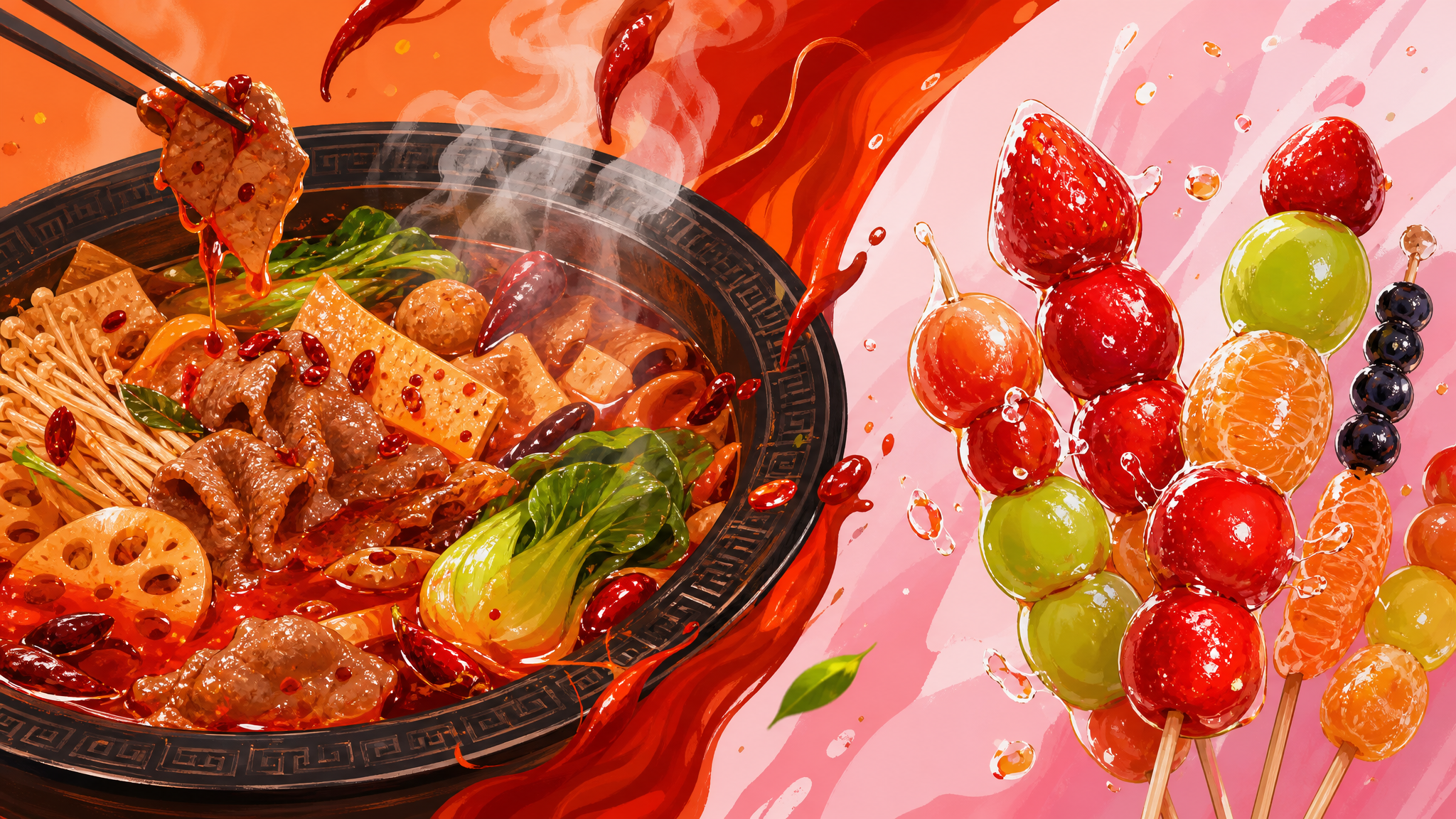 매콤한 마라탕과 반짝이는 탕후루를 함께 담은 마라탕후루 오리지널 일러스트