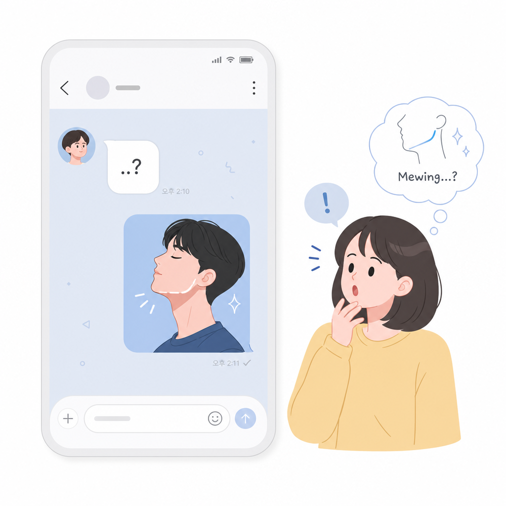 질문 대신 뮤잉 제스처로 받아치는 상황을 그린 보조 이미지