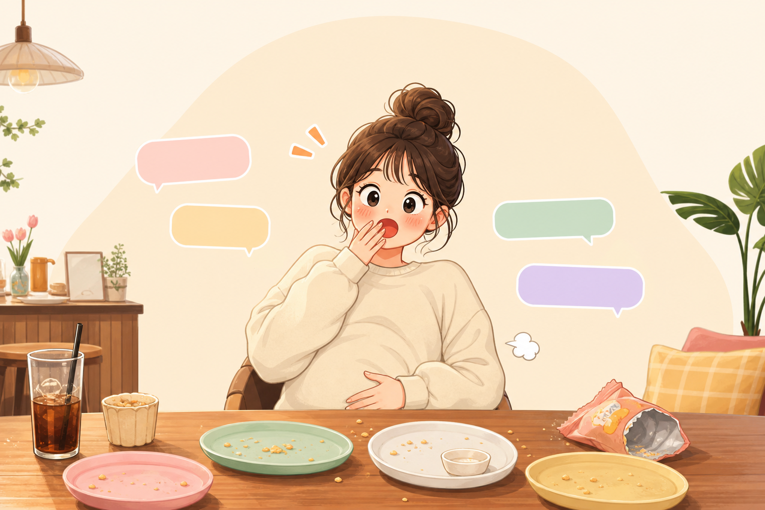 실수로 너무 많이 먹었어요 밈의 분위기를 표현한 친근한 일러스트