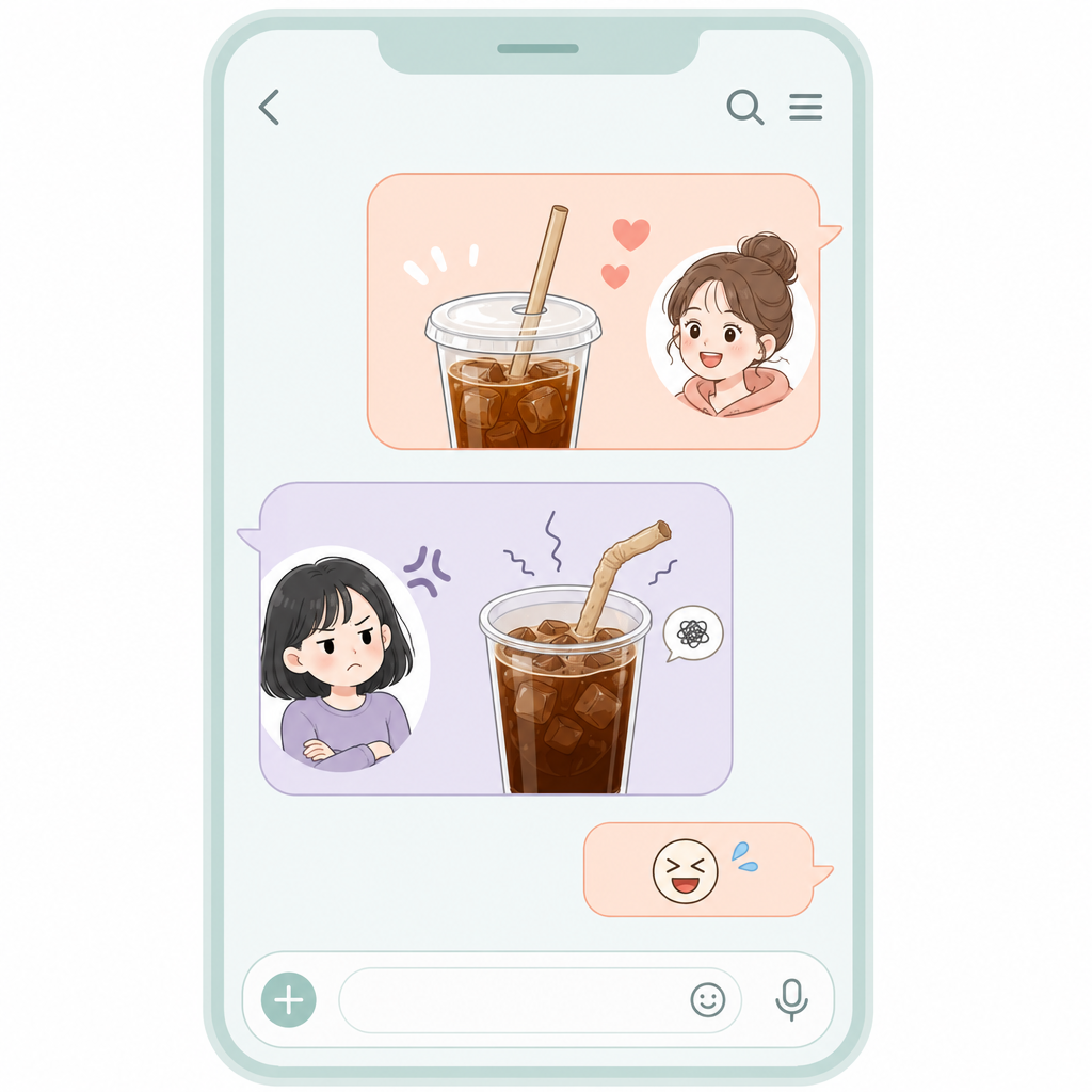 메신저 대화를 떠올리게 하는 말풍선 형태의 일러스트. 음료와 빨대 때문에 짜증 나는 상황을 보여주는 보조 이미지