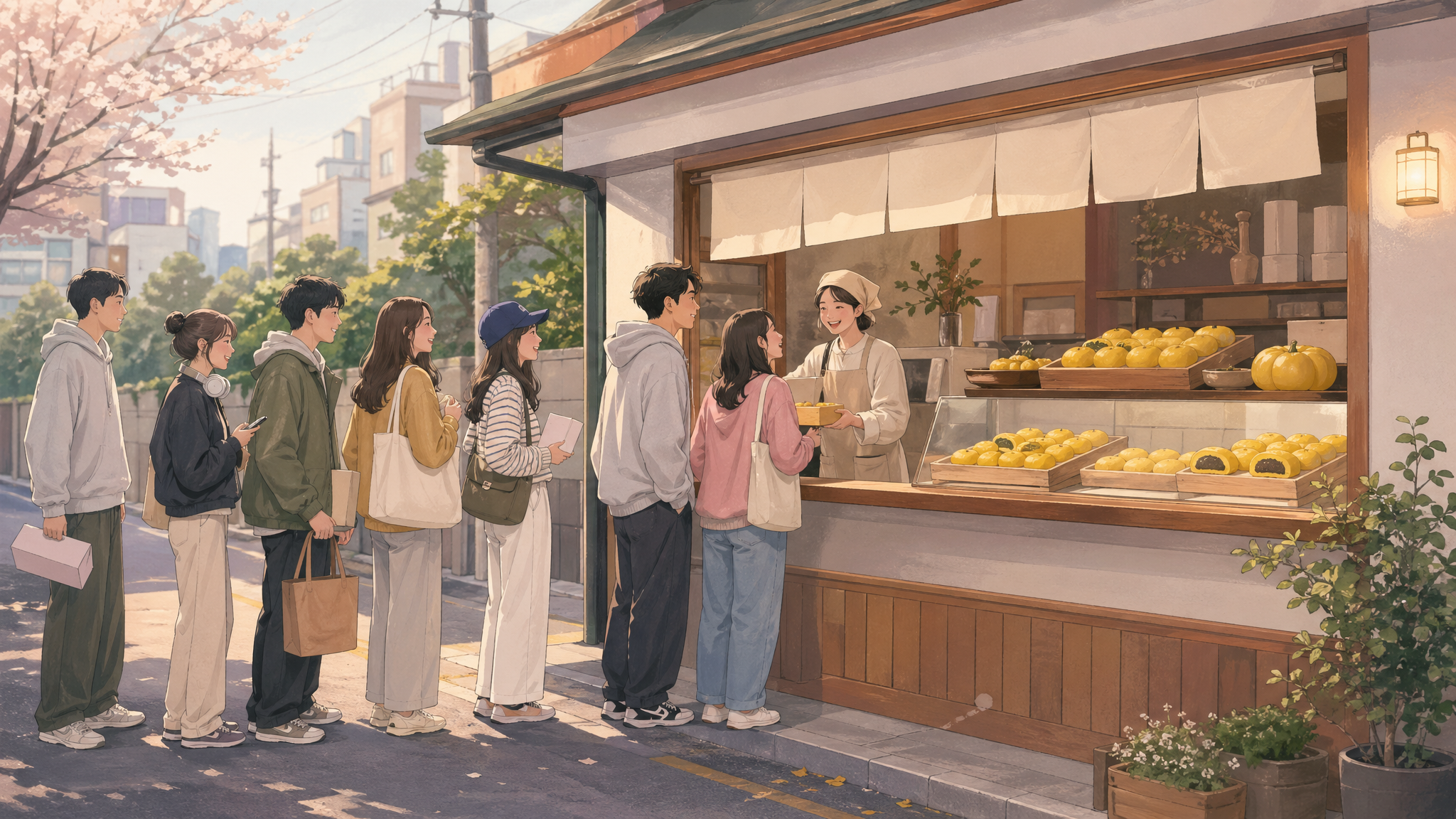 문 열기 전 떡집 앞에 줄을 선 사람들과 노란 떡 진열대를 담은 대표 이미지